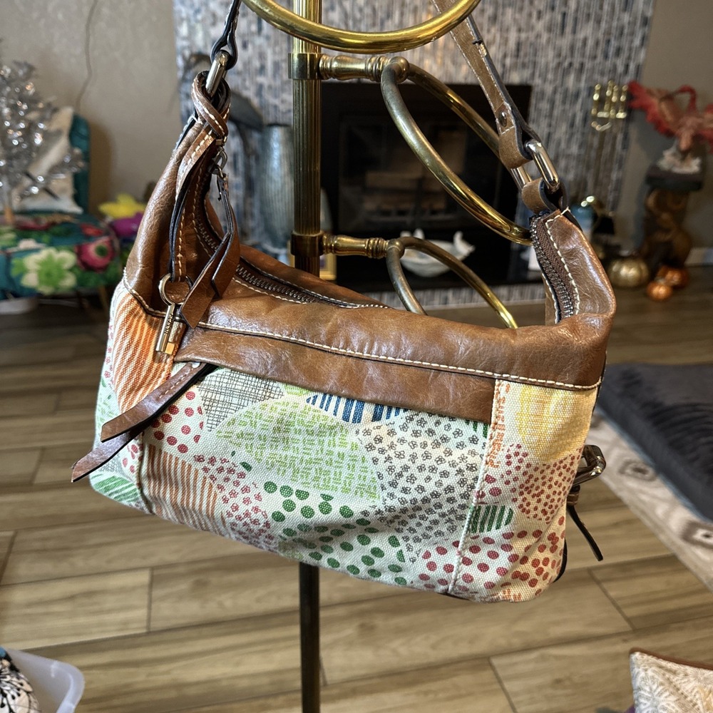 Fossil Vintage Brown Leather & Canvas Shoulder Bag